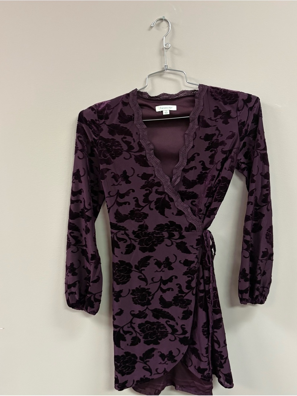 Francescas Purple Burnout Velvet Floral Wrap Dress Crochet‎ Lace Trim Small